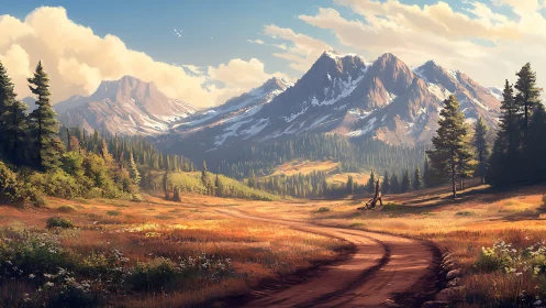 Sunlit dirt road winding toward distant alpine peaks.