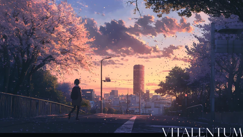 Urban street with lone figure under cherry blossoms at dusk.