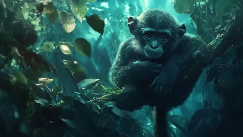 Backlit young monkey rests on mossy branch in dense teal jungle