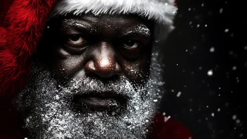 Snow-dusted Santa portrait captures intense holiday spirit.