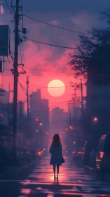 Silhouetted figure on wet city street under pink sunset sky.