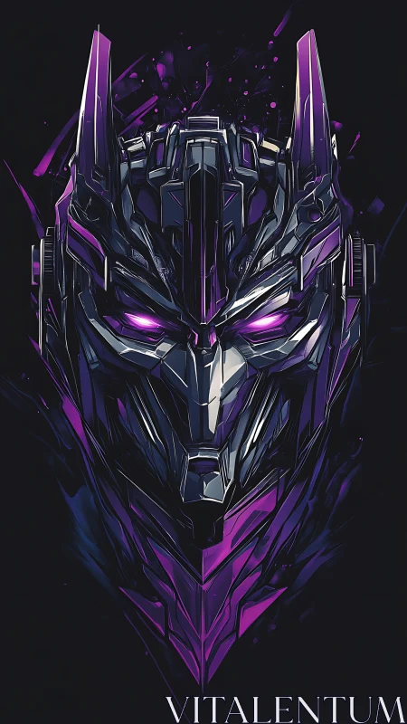 Angular robotic helmet with violet highlights on black field.