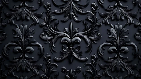 Ornate black baroque floral relief pattern rendered in 3D detail