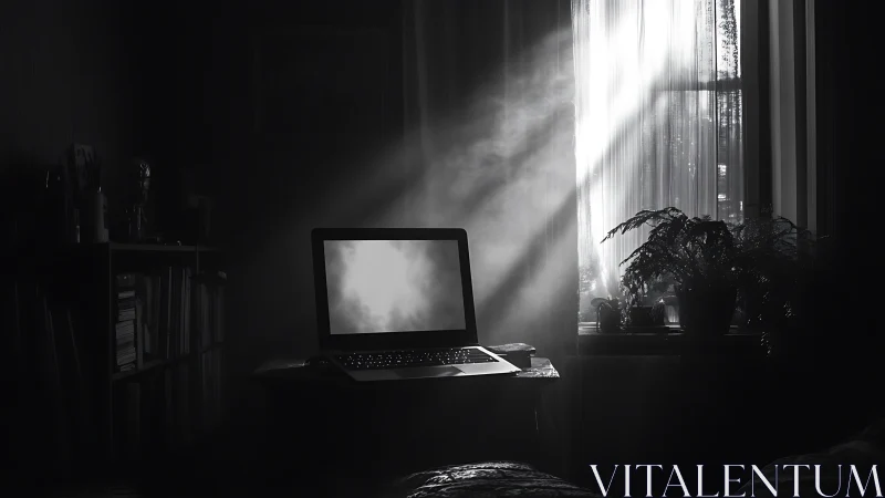 Laptop glows in a moody room of dust, plants and light