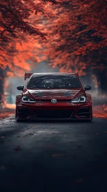Lowered red Volkswagen races through a fiery autumn tunnel