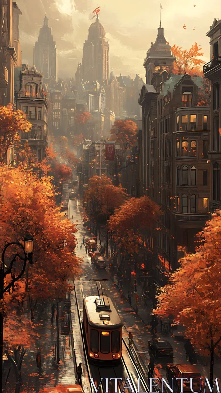 Autumn tram glides through a golden, misty city boulevard
