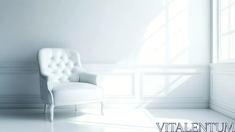 Monochrome tufted armchair in high-key neoclassical sunlight.