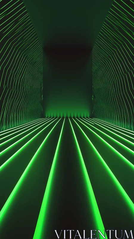 Green neon corridor shows converging floor lines and walls