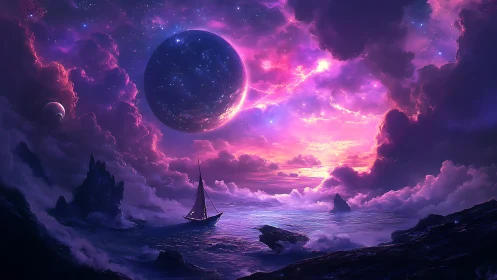 Starlit celestial sea where a lone dreamer sails at dusk.
