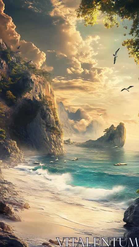 Sunlit fantasy cove with cliffs, turquoise surf, soaring gulls.