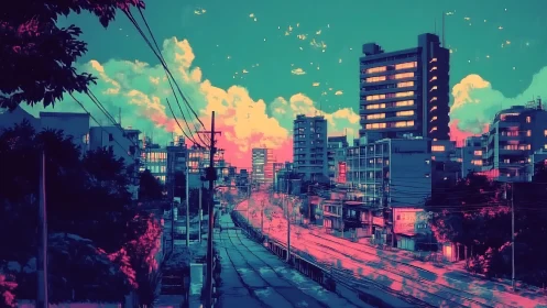 Neon lit city street under vivid cyan and pink sky.