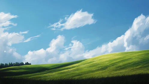 Sunlit hillside daydream under theatrically drifting clouds.