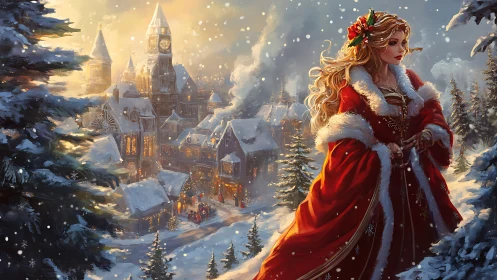 Christmas lady in red gown surveys a glowing winter village