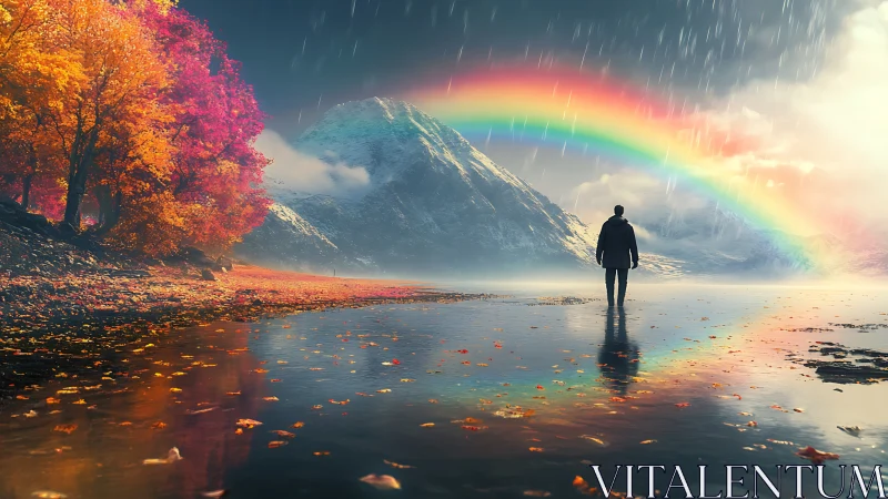 Solitary figure under rainbow by autumn lake and mountains.