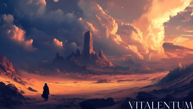 Solitary cloaked figure crosses arid plain toward vertical mesa