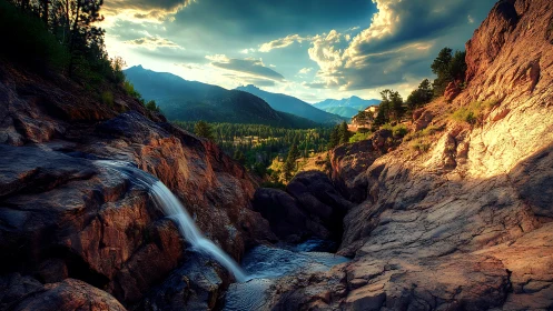 Mountain gorge waterfall under dramatic sunset skies.