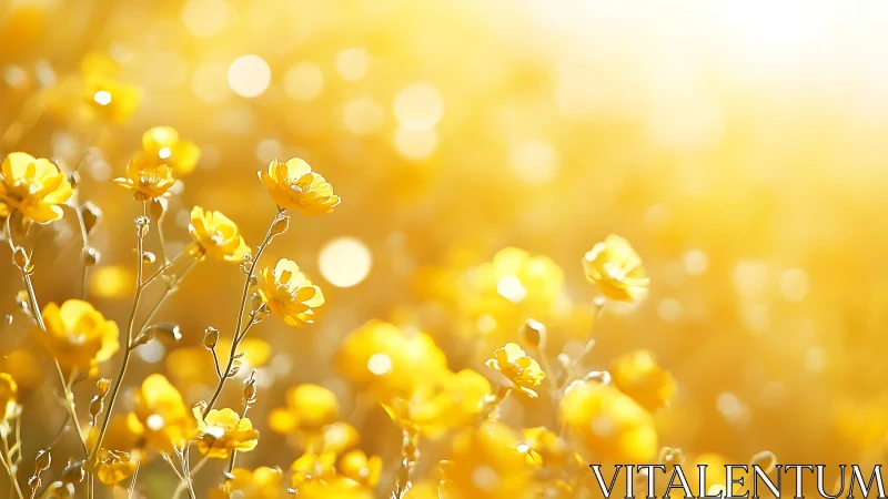 Yellow Wildflowers in Soft Focus, Backlit by Natural Light.