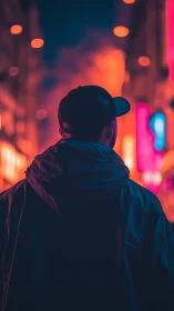Figure in hooded jacket under neon city night glow.
