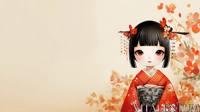 Kawaii kimono girl with floral background and negative space