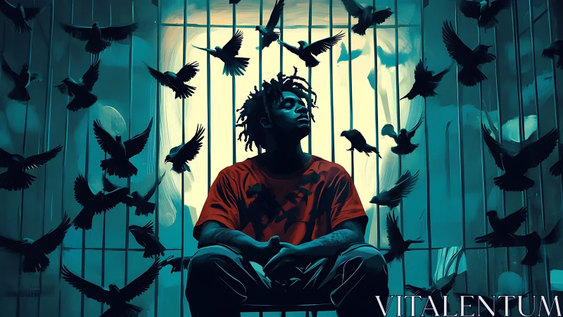 Man in red shirt in cage with dark birds in teal light.