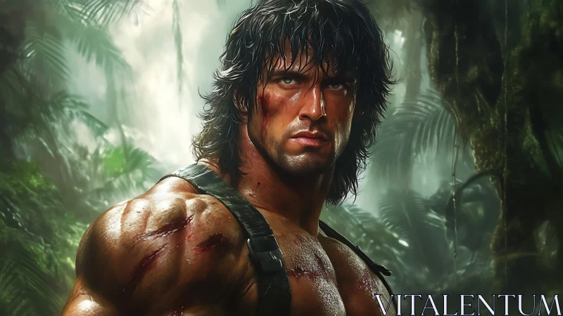 Battle-scarred warrior poised in dense tropical jungle.