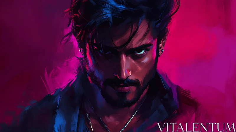 Brooding man in neon light with bold, electric colors.