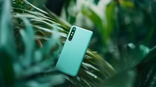 Turquoise Smartphone Amid Verdant Foliage.