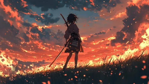 Samurai silhouette studies dusk sky in cinematic anime tableau
