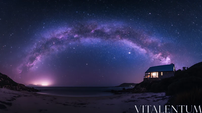 Milky Way arches above a glowing coastal cabin at night.