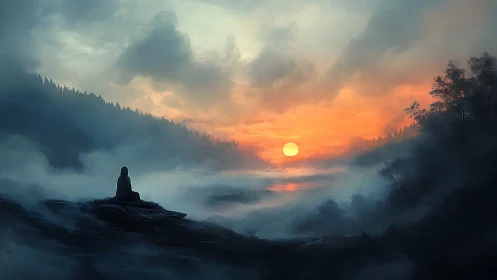 Solitary figure in misty valley at luminous sunrise horizon.