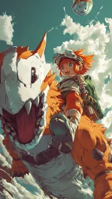 Dynamic anime creature rider in cinematic low-angle composition.