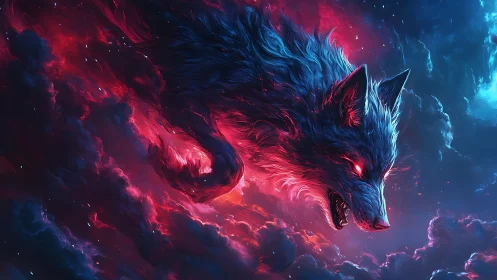 Nebula wolf ignites the cosmos in blazing cosmic fury.