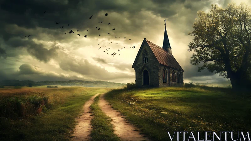 Stormlit country chapel stands alone beneath brooding skies
