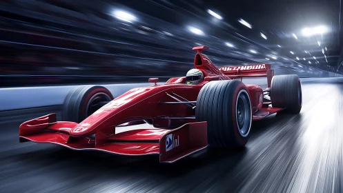 Red Formula race car charging through illuminated night circuit.