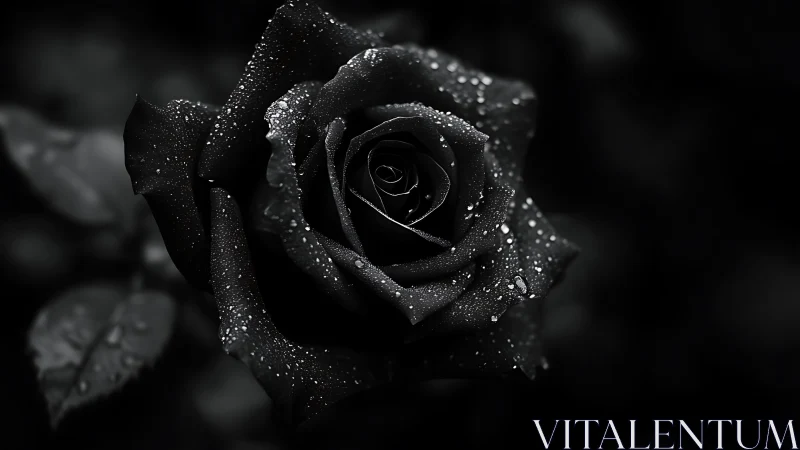 Midnight-black rose with dewdrops in dramatic close-up focus.