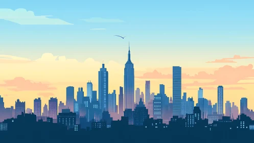 Sunrise gradient skyline with layered high rise silhouettes