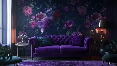 Velvet sofa against nocturnal floral wall in low-key lighting.