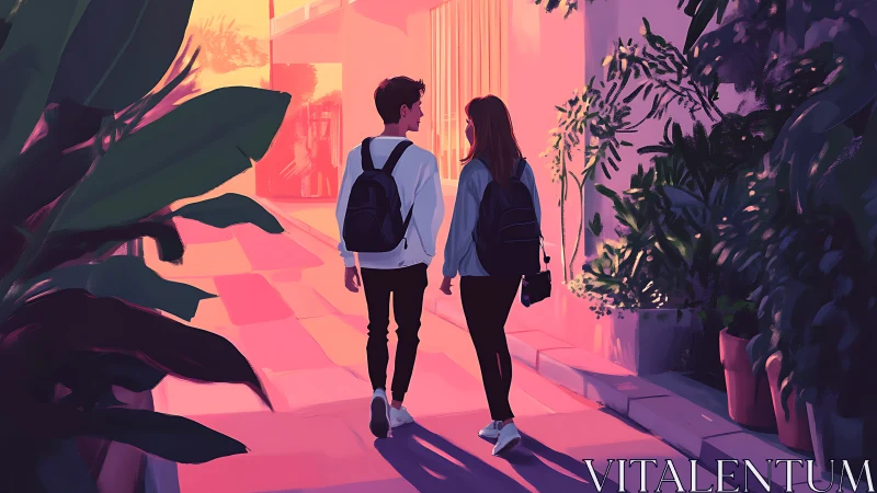 Two figures walk through neon-lit urban corridor at sunset