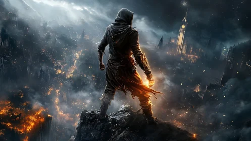 Hooded fire warrior overlooking burning post apocalyptic city.