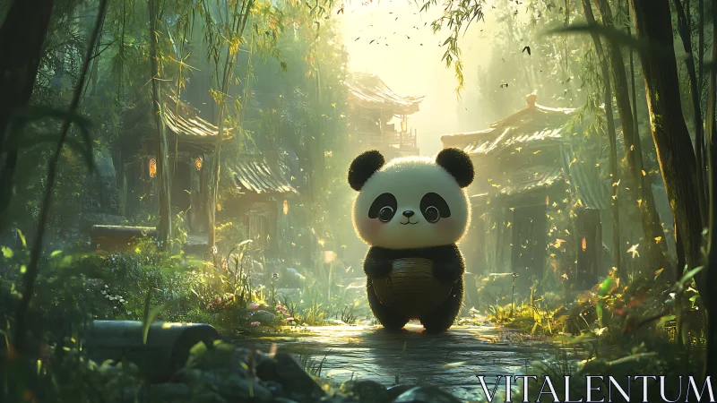 Cute panda with basket in lush bamboo forest village.