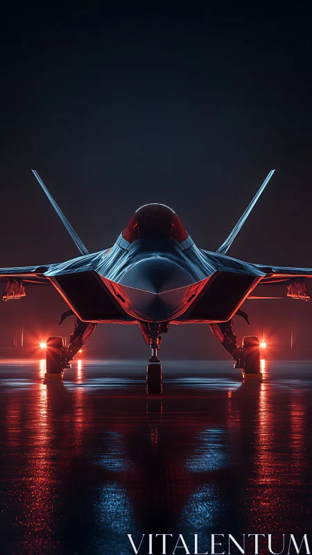 Stealth fighter jet rendered in neon rim light on wet tarmac