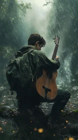 Lone guitarist kneels in stormlit forest waterfall rain