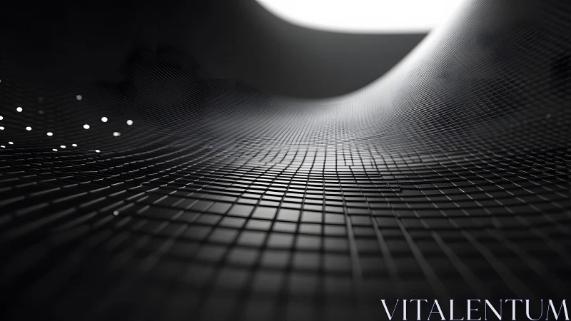 Abstract wavy black grid surface with glowing dots, futuristic style.