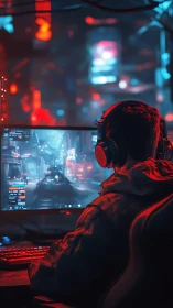 Neon city gamer settles into a vivid late night adventure