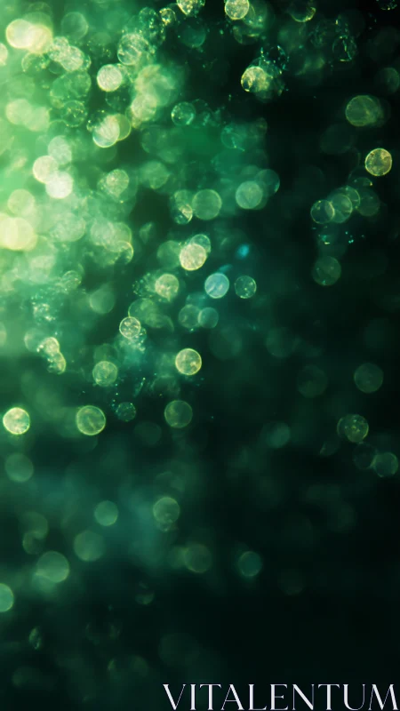 Green bokeh particles drift through deep dark background