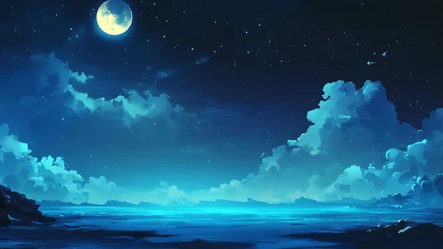 Moonlit blue ocean under starry night sky and clouds.