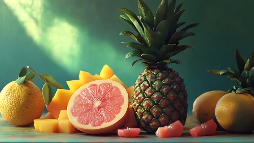 High-contrast still life arranges pineapple, citrus and diced mango