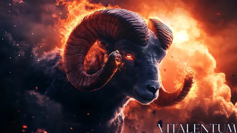 Fiery horned ram emerging boldly from swirling flames.