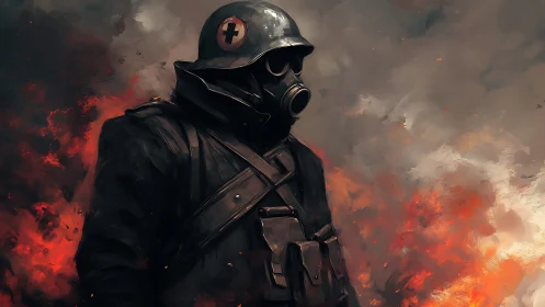 Wartime medic in gas mask stalks through smoldering inferno.