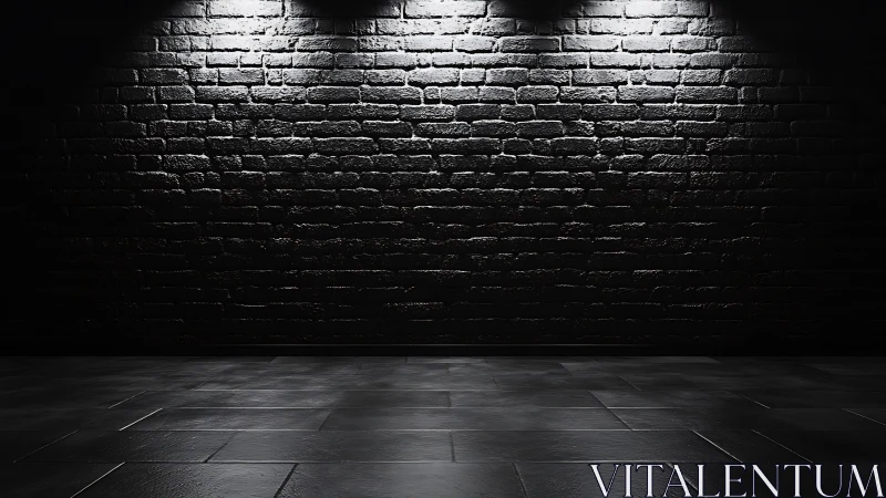 Brick wall and tiled floor are illuminated by overhead lights
